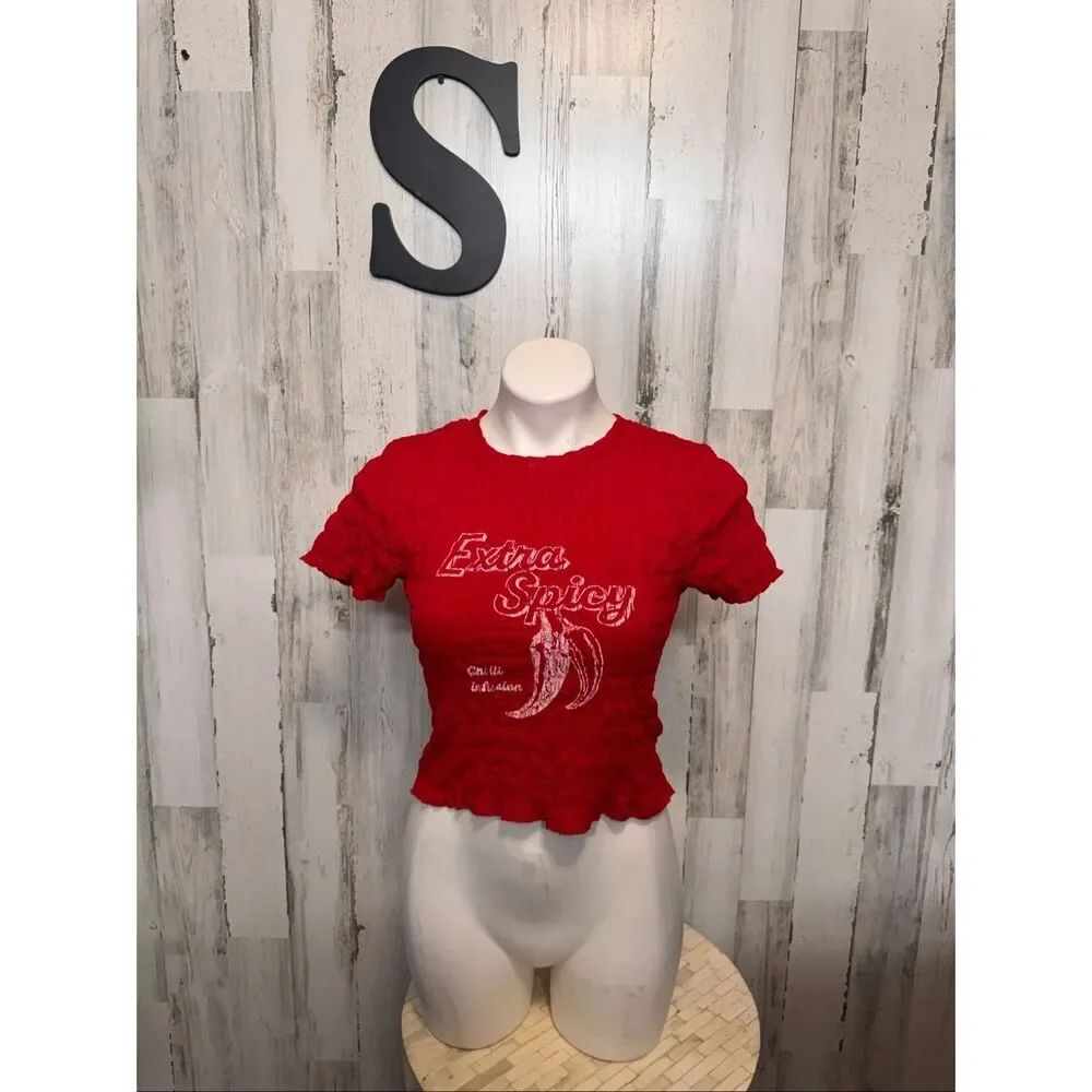 Primark Cares Red Extra Spicy Pepper Smocked Crop Top Womens Size Small S